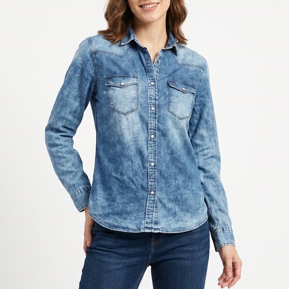 Indian Terrain Mens Slim Fit Western Denim Shirt Blue Acid Wash Cotton Size M